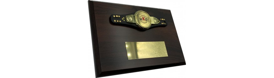 Custom Budget wooden plaque with a mini championship belt 4'' with  - personalised metal centre